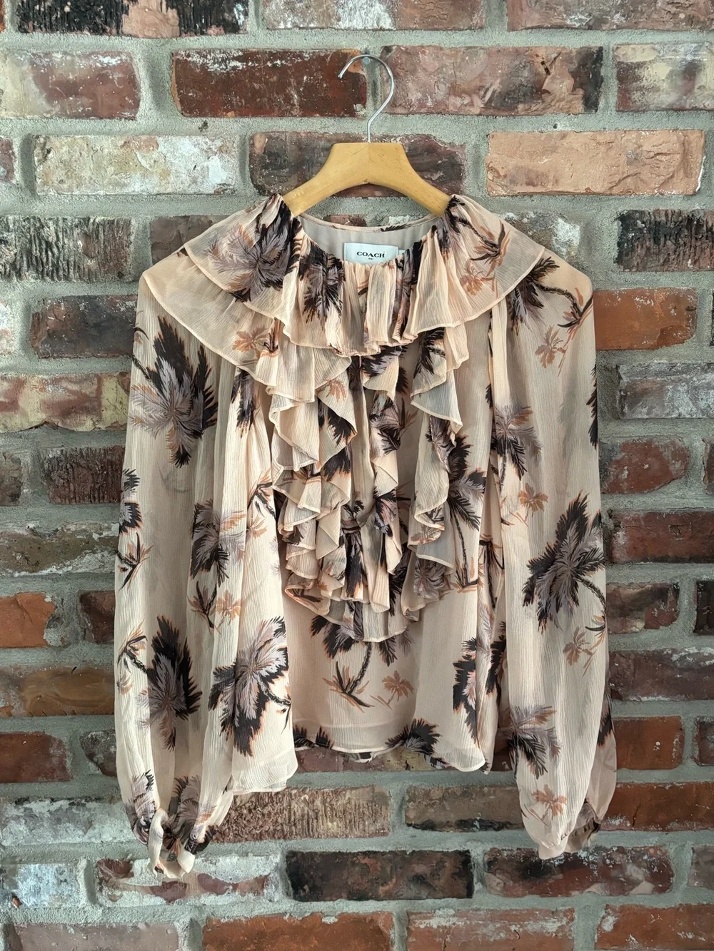 Coach Floral Silk Chiffon Peasant Button Up Long Sleeve Shirt Blouse, 4